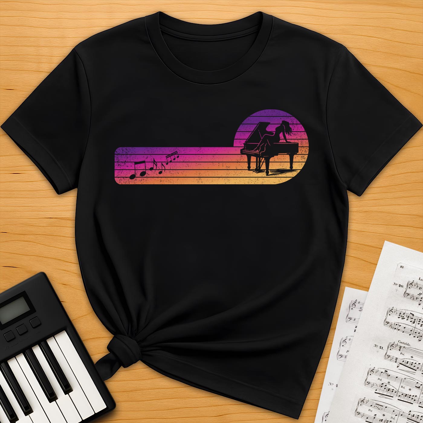 Piano Girl Sunset Silhouette T-Shirt