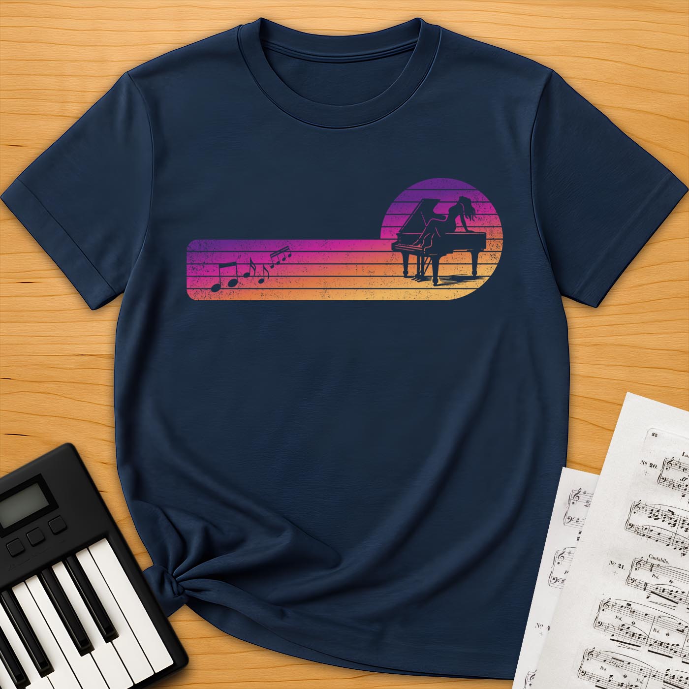 Piano Girl Sunset Silhouette T-Shirt